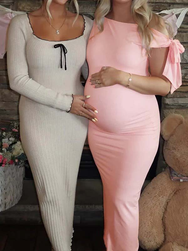 Pink Bowknot One Shoulder Elegant Maternity Baby Shower Maxi Dress for Maternity