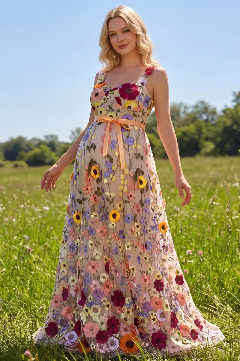 3D Floral Embroidered Maternity Maxi Dress - U-Neck Tulle Photoshoot Gown