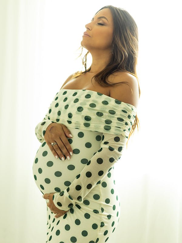 White Off Shoulder Olive Green Polka Dot Bodycon Boho Photoshoot Baby Shower Maternity Maxi Dress for Maternity