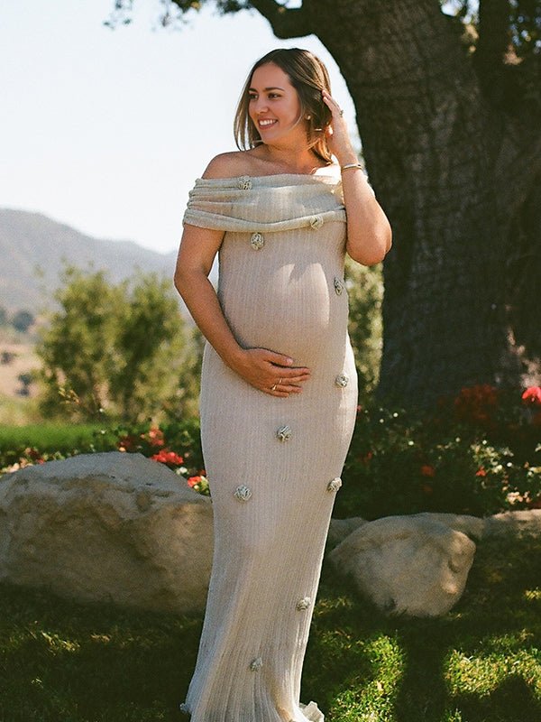 Matcha Knit 3d Flowers Off Shoulder Elegant Maternity Maxi Dress for Maternity