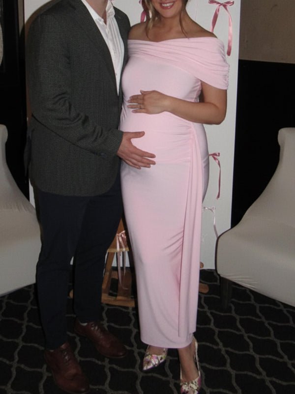 Pink Off Shoulder Draped Baby Girl Shower Maternity Maxi Dress for Maternity