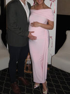 Pink Off Shoulder Draped Baby Girl Shower Maternity Maxi Dress for Maternity