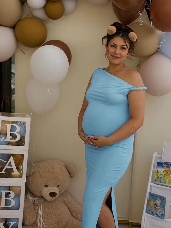 One Shoulder Ruched Side Slit Bodycon Maternity Maxi Dress for Maternity
