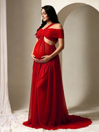 Off-shoulder Grenadine Ruffle Blue Photoshoot Maternity Maxi Dress for Maternity