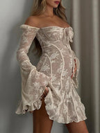 White Lace Off Shoulder Bow Drawstring Ruffle Flare Sleeve Elegant Baby Shower Maternity Mini Dress for Maternity