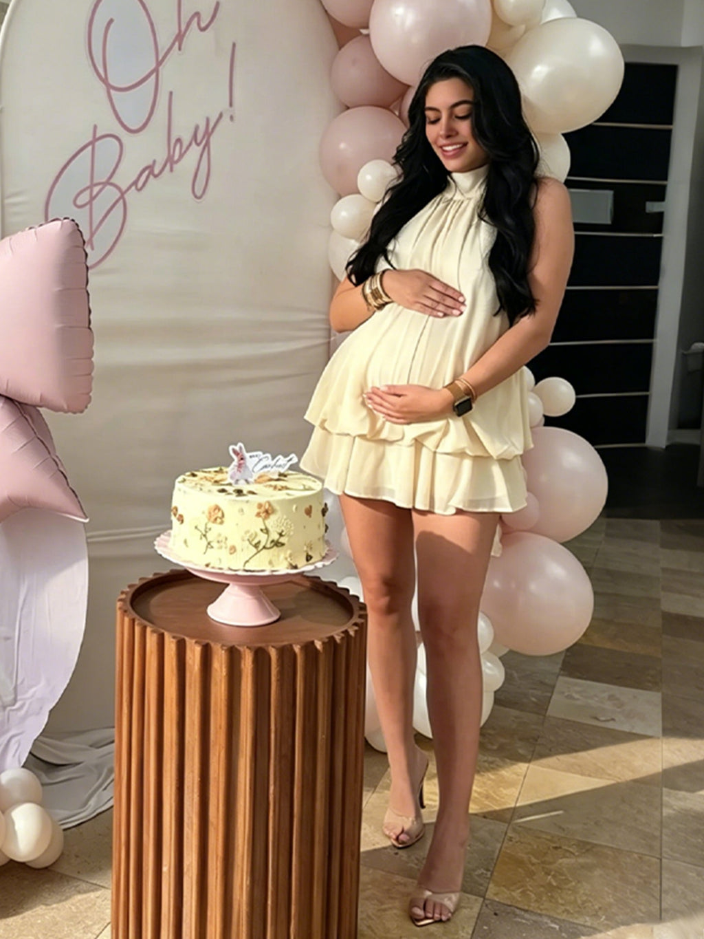 Lace-up Peplum Backless Halter Neck Chiffon Pink Blue Baby Shower Photoshoot Maternity Mini Dress for Maternity