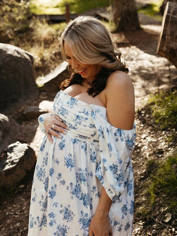 Blue Floral Ruched Off Shoulder A-line Puff Sleeve Sweet Going Out Maternity Photoshoot Baby Shower Mini Dress for Maternity