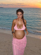 Halter Neck 3d Flower Crochet Backless Lace Up Two Piece Maternity Photoshoot Swimwear for Maternity