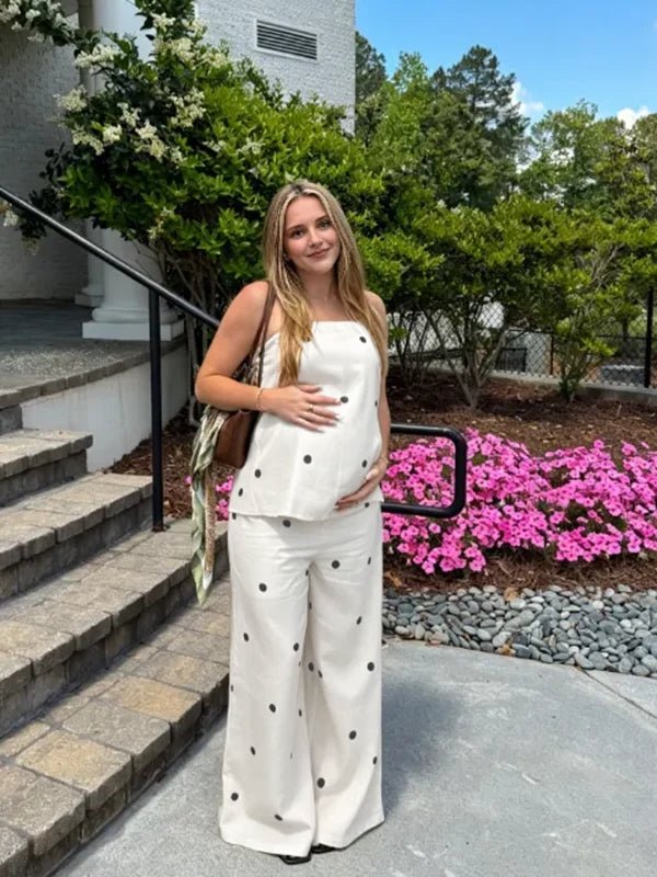 Sweet White Polka Dot Bandeau Two Piece Maternity Tank Top Wide Leg Pant for Maternity