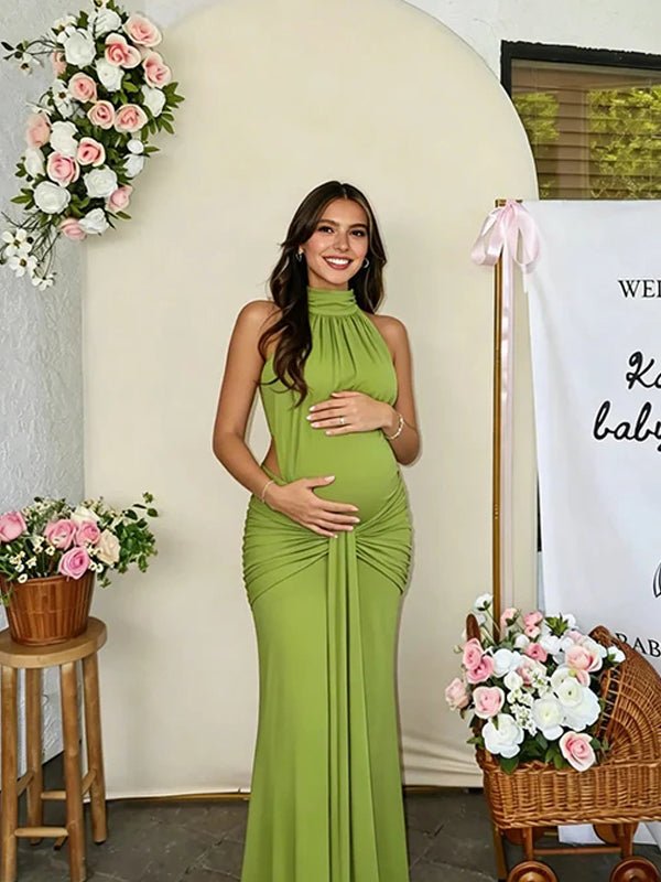 Ruched Bowknot Draped High Neck Backless Bodycon Elegant Maternity Baby Shower Maxi Dress for Maternity