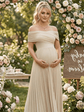 Apricot Off Shoulder Cross Chest Pleated Big Swing Maternity Maxi Dress for Maternity