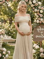 Apricot Off Shoulder Cross Chest Pleated Big Swing Maternity Maxi Dress for Maternity