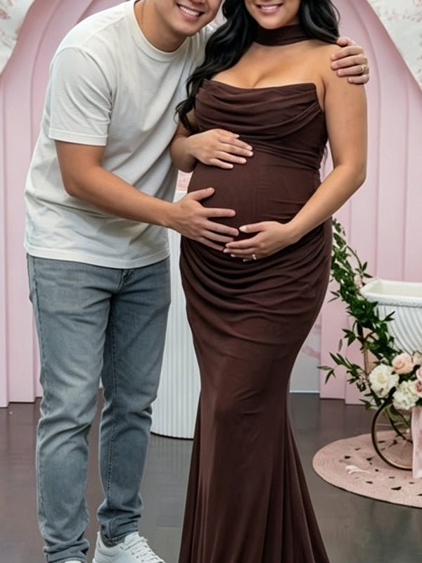 Brown Mesh Ruched Bandeau Strapless Bodycon Maternity Maxi Dress for Maternity