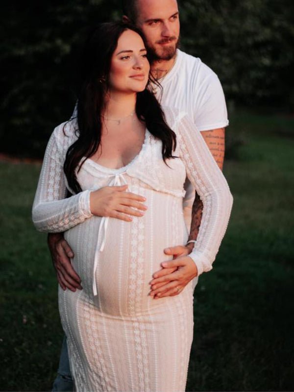 Ivory Lace Two Piece Set Side Slit V-neck Cami Maxi Dress And Crop Cardigan Elegant Going Out Maternity Photoshoot Baby Shower Maxi Dress for Maternity