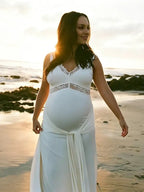 White Lace Ruched Draped Big Swing Baby Shower Maternity Maxi Dress for Maternity