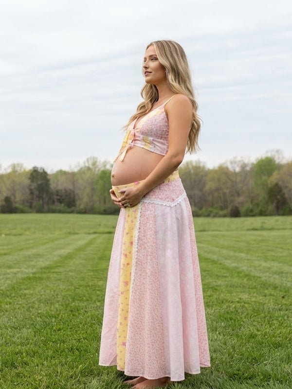 Pink Spaghetti Strap Smocked Print Lace Up Maternity Photoshoot Maxi Dress for Maternity