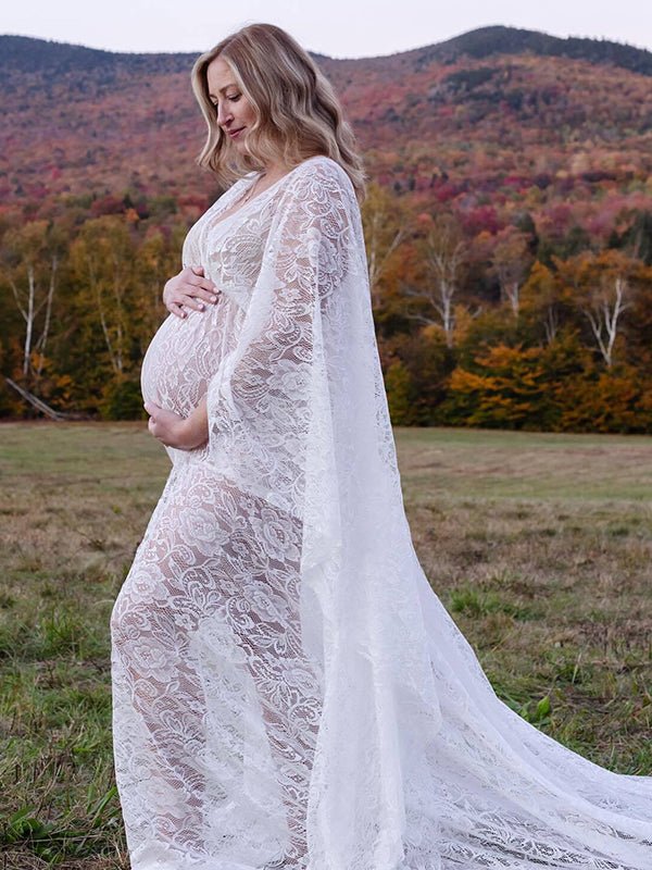 Floral Lace Backless Boho Baby Shower Flare Sleeve Pregnant Maternity Photoshoot Maxi Dress for Maternity