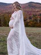 Floral Lace Backless Boho Baby Shower Flare Sleeve Pregnant Maternity Photoshoot Maxi Dress for Maternity