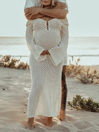 White Cut Out Backless Flare Sleeve Beach Cover Up Photoshoot Western Maternity Maxi Dress for Maternity