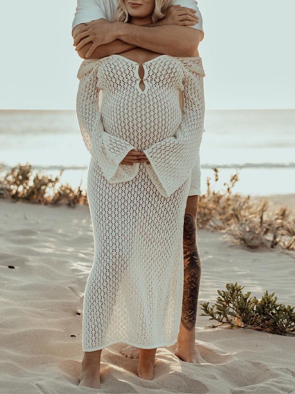 White Cut Out Backless Flare Sleeve Beach Cover Up Photoshoot Western Maternity Maxi Dress for Maternity