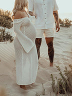 White Cut Out Backless Flare Sleeve Beach Cover Up Photoshoot Western Maternity Maxi Dress for Maternity
