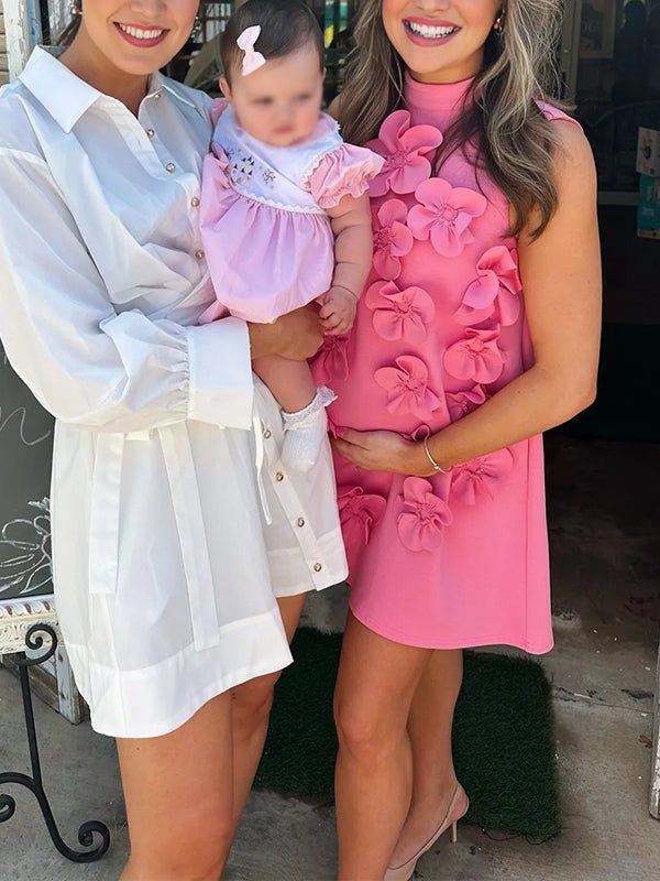 Pink 3d Flowers Sleeveless High Neck Baby Shower Maternity Mini Dress for Maternity