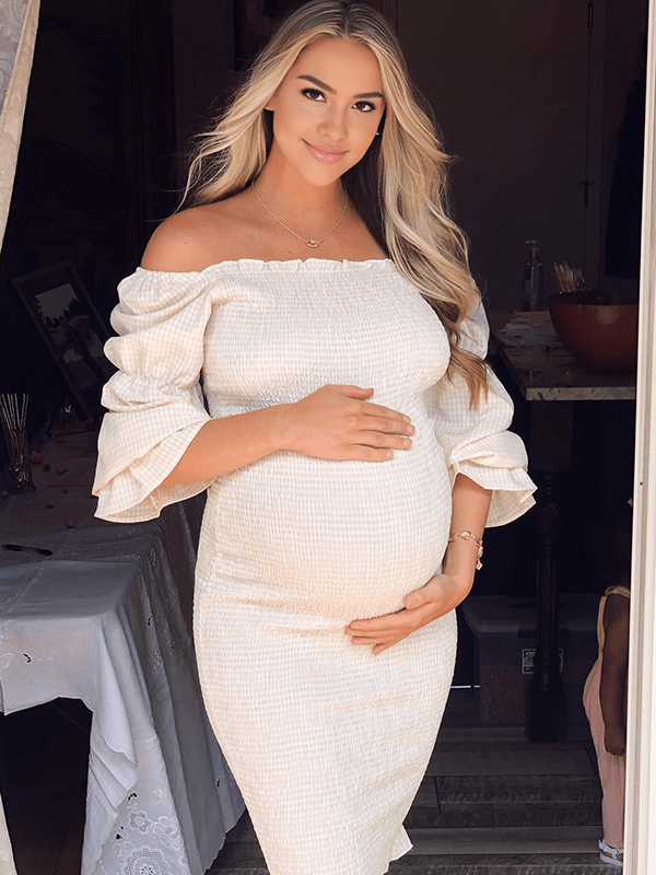 Ruffle Off Shoulder Long Sleeve Bodycon Baby Shower Maternity Midi Dress for Maternity