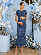 Chic Dark Blue Bodycon Mermaid Floral Baby Shower Maternity Maxi Dress for Maternity