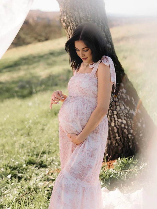 Floral Print Smocked Bow Boho Flowy Photoshoot Gender Reveal Baby Shower Maternity Maxi Dress for Maternity