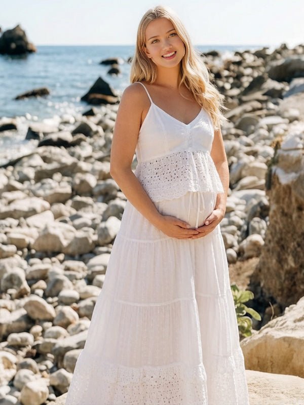 White Spaghetti Strap Bohemian Lace Backless Two Piece Maternity Photoshoot Maxi Dress for Maternity