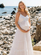 White Spaghetti Strap Bohemian Lace Backless Two Piece Maternity Photoshoot Maxi Dress for Maternity