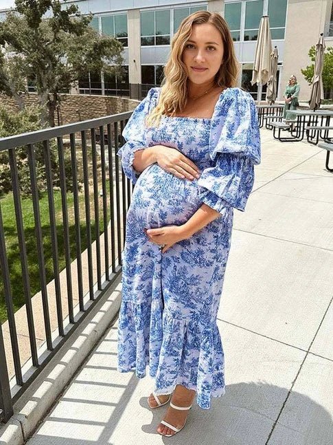 Ruffle Ruched High Waist Puff Sleeve Cute Photoshoot Maternity Maxi Dress for Maternity