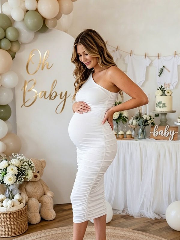 Elegant Ruched Oblique Shoulder Bodycon Baby Shower Maternity Madi Dress for Maternity