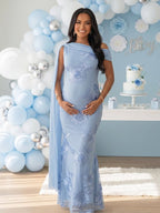 Embroidered One-shoulder Mesh Floral Shoulder Streamer Bodycon Baby Shower Maternity Maxi Dress for Maternity