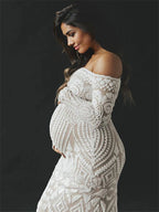 White Lace Sequin Off Shoulder Mermaid Bodycon Wedding Gown Baby Shower Elegant Foamal Maternity Photoshoot Maxi Dress for Maternity
