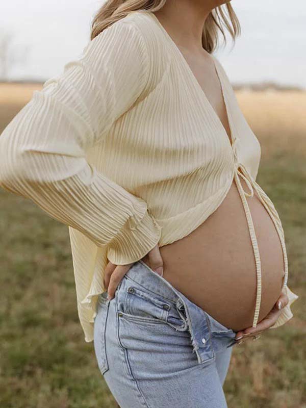 Beige Lace-up Flare Sleeve Modern Fashion Maternity Photoshoot Blouse for Maternity