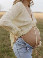Beige Lace-up Flare Sleeve Modern Fashion Maternity Photoshoot Blouse for Maternity