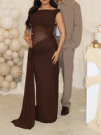 Dark Brown Oblique Shoulder Sheer Draped Hem Ruched Maternity Baby Shower Maxi Dress for Maternity