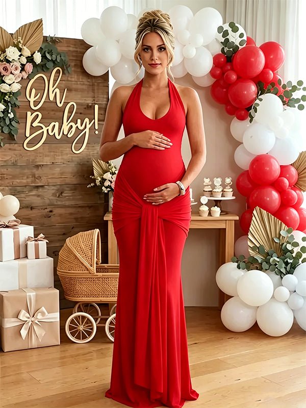 Ruched Bowknot Draped Backless Halter Neck Bodycon Baby Shower Maternity Maxi Dress for Maternity