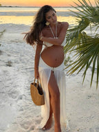 Halter Neck Front Slit Sheer Two Piece Maternity Photoshoot Swimwear for Maternity