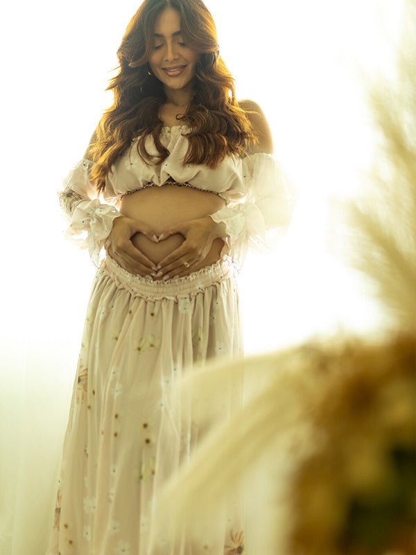 Two Piece Boho Flower Printing Off Shoulder Chiffon Crop Bandeau Photoshoot Maternity Maxi Dress for Maternity
