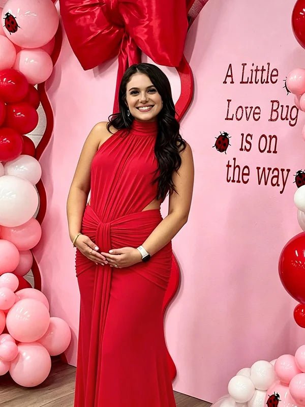 Ruched Bowknot Draped High Neck Backless Bodycon Elegant Maternity Baby Shower Maxi Dress for Maternity