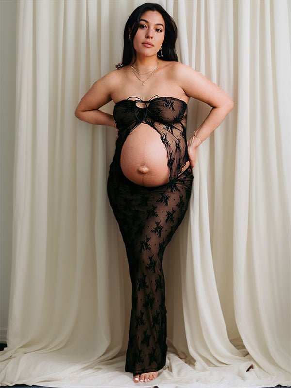 2 Piece Lace Tube Tie Ruffle Elegant Fashion Bodycon Vacation Photoshoot Baby Shower Maternity Maxi Dress for Maternity