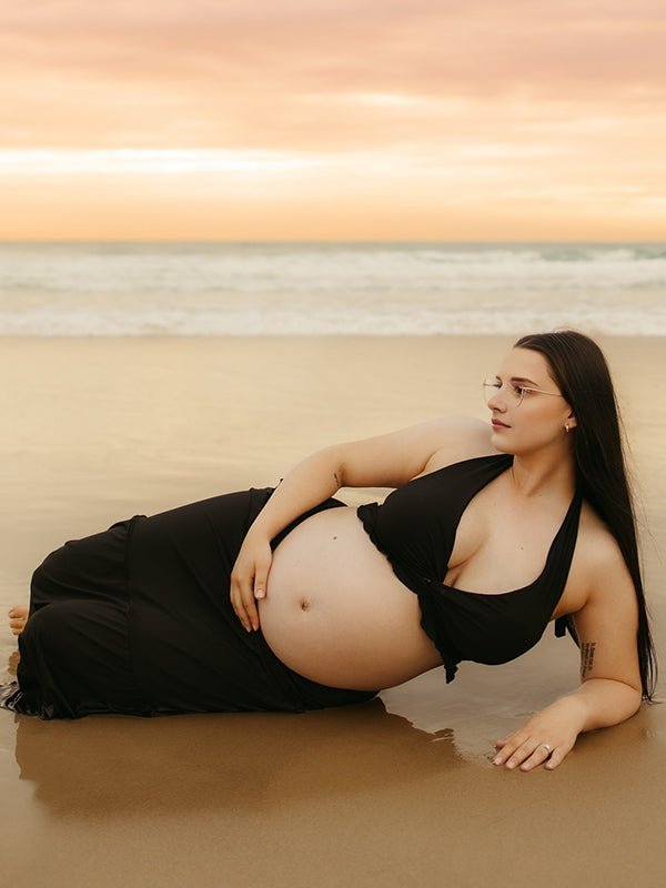 Black Halter Neck Ruched Two Piece Maternity Photoshoot Maxi Dress for Maternity
