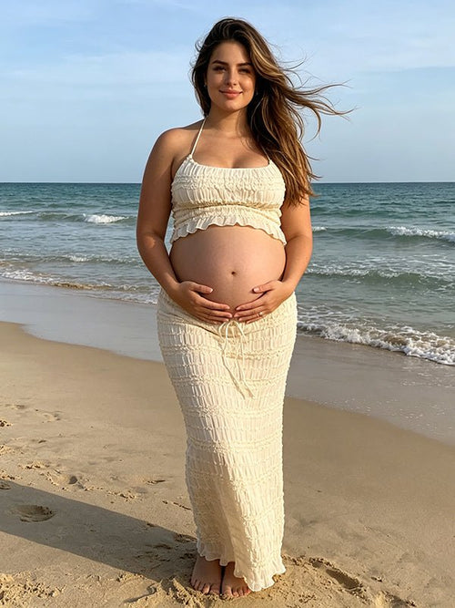 Apricot Ruched Lace-up Cami Big Swing Two Piece Set Maternity Maxi for Maternity