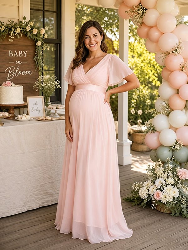 Elegant Pink Flare Sleeve Tulle A-line Flowy Baby Shower Maternity Maxi Dress for Maternity