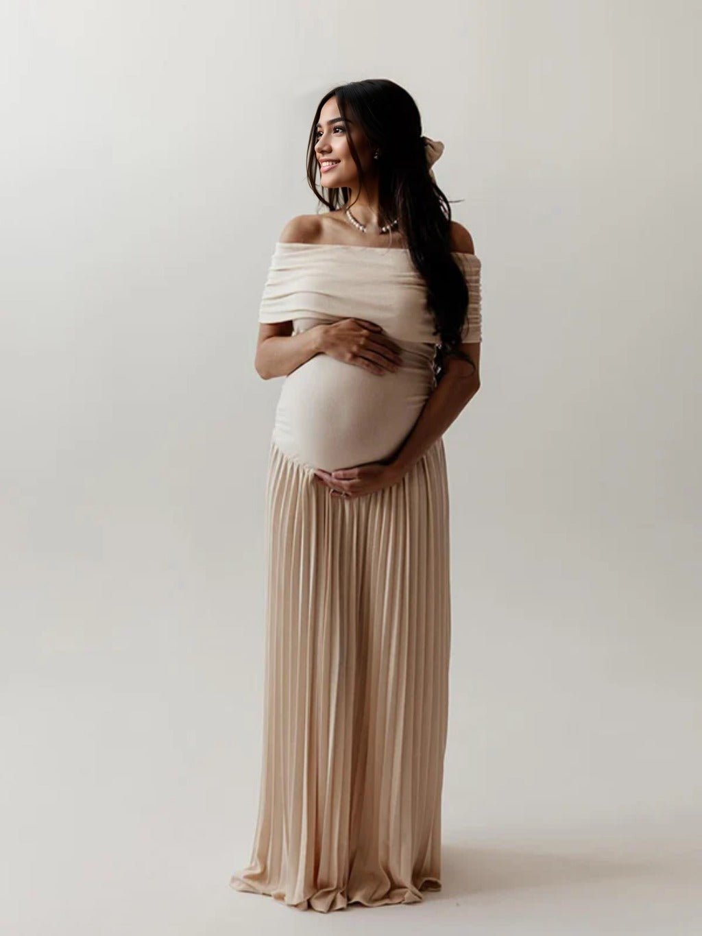 Apricot Off Shoulder Ruched Pleated Big Swing Maternity Baby Shower Maxi Dress for Maternity