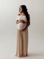 Apricot Off Shoulder Ruched Pleated Big Swing Maternity Baby Shower Maxi Dress for Maternity