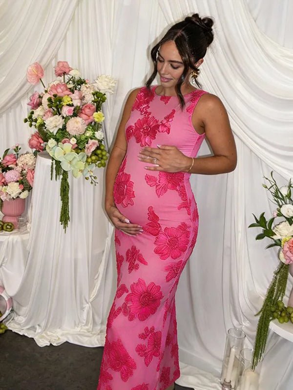 Embroidery 3d Floral Mesh Bodycon Maternity Baby Shower Maxi Dress for Maternity