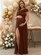 One Shoulder Ruched Side Slit Big Swing Maternity Maxi Dress for Maternity